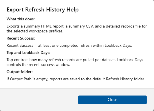 Export Refresh History help dialog screenshot